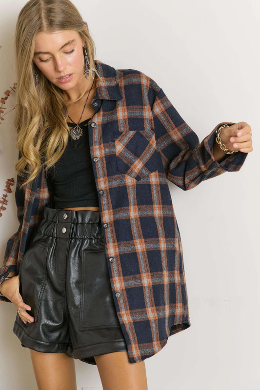 ADORA Full Size Button Down Flannel Shirt Plus Size - BLUE / S
